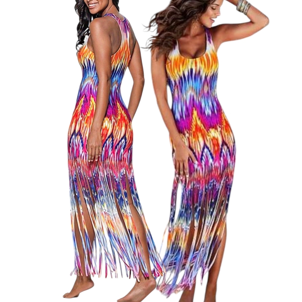 VENUS Fringe Racerback Maxi Vacation Travel Wardrobe Bright Rainbow Print 🪁